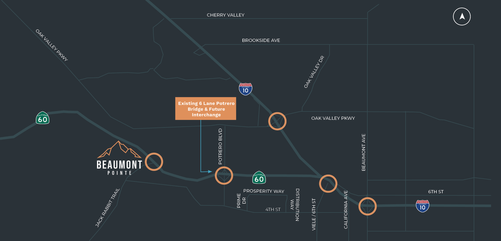 Local freeway access map showing Beaumont Pointe location with I-10 and SR-60 on/off ramps