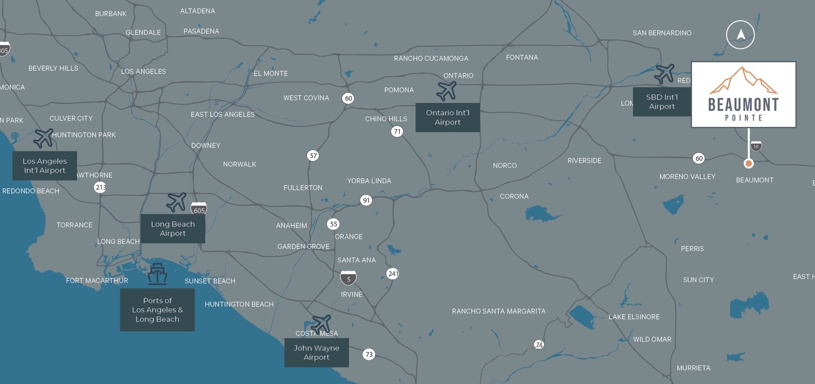 Southern California regional map showing Beaumont Pointe location relative to ports, airports, and major cities